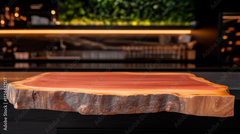 Medium close-up of a rustic wooden table showcasing its natural grain, complemented by a blurred modern kitchen environment in warm, inviting lighting Medium close-up of a rustic wooden table showcasing its natural grain, complemented by a blurred modern kitchen environment in warm, inviting lighting