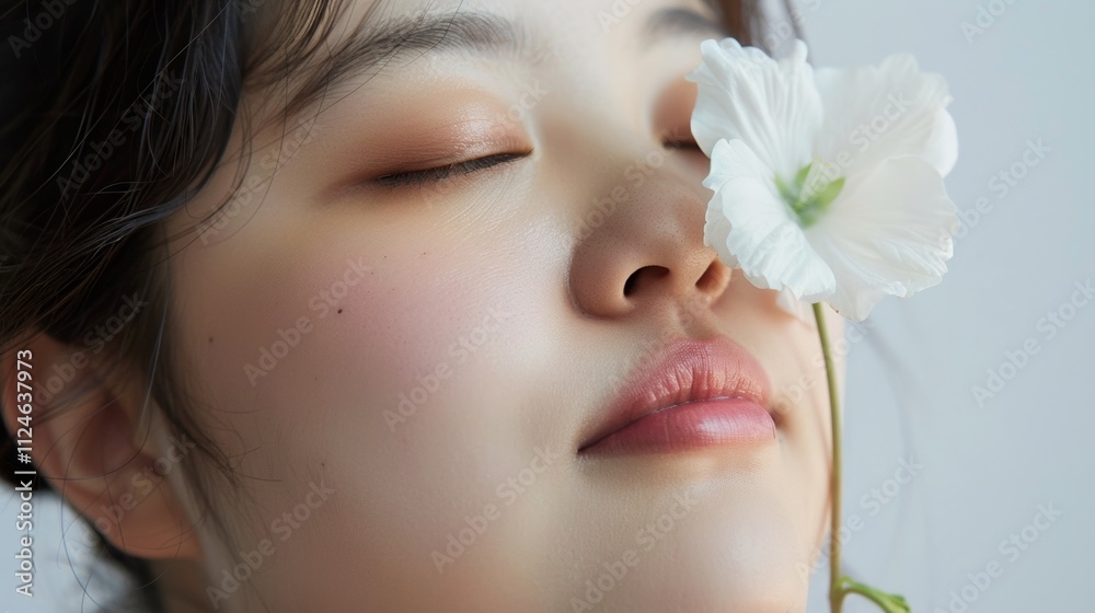 Horizontal portrait Of an Asian young woman with her eyes closed gently touching her face with a white flower. Horizontal portrait Of an Asian young woman with her eyes closed gently touching her face with a white flower.