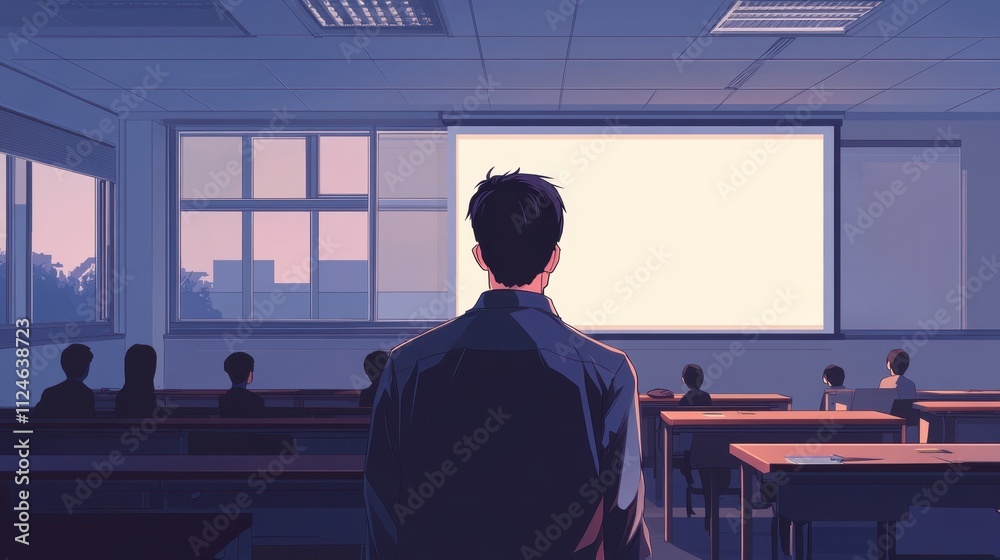 Contemplative Student in the Classroom at Sunset Contemplative Student in the Classroom at Sunset