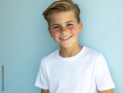 Radiant Boy Portrait: A Joyful Child in a White T-Shirt against a Light Blue Background