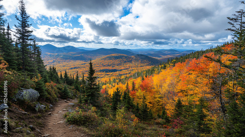 A scenic mountain trail leading through a forest of autumn-colored trees, with the bright orange and yellow leaves forming a canopy overhead.