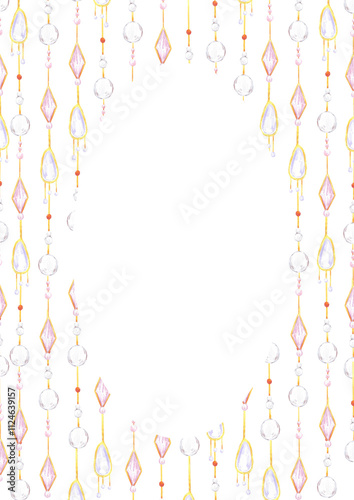 Christmas garlands frame border. Hand drawn watercolor illustration of beads and gemstones isolated on white background. Can be used for postcard, invitation, scrapbook and other printed products.