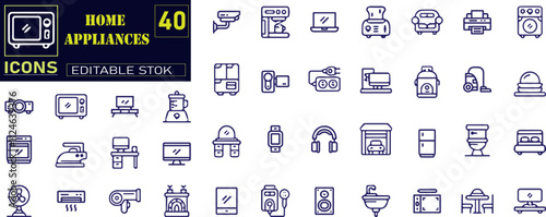 Set of outline icons related to home appliance. Linear icon collection.