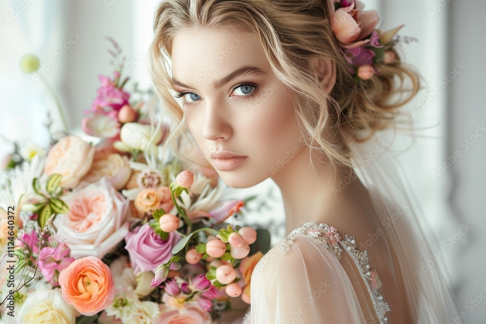Naklejka premium The bride showcases her delicate features and elegant hairstyle, adorned with flowers, while holding a vibrant bouquet filled with various blossoms and greenery.