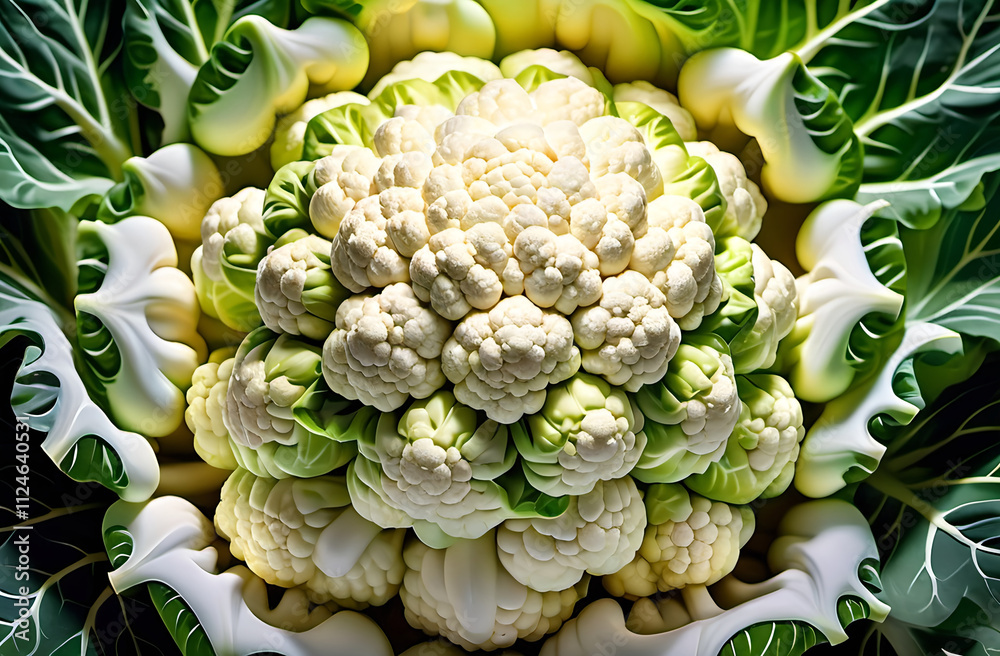An illustration of a cauliflower head tightly packed with white florets, surrounded by its large green leaves.
An illustration of a cauliflower head tightly packed with white florets, surrounded by its large green leaves.