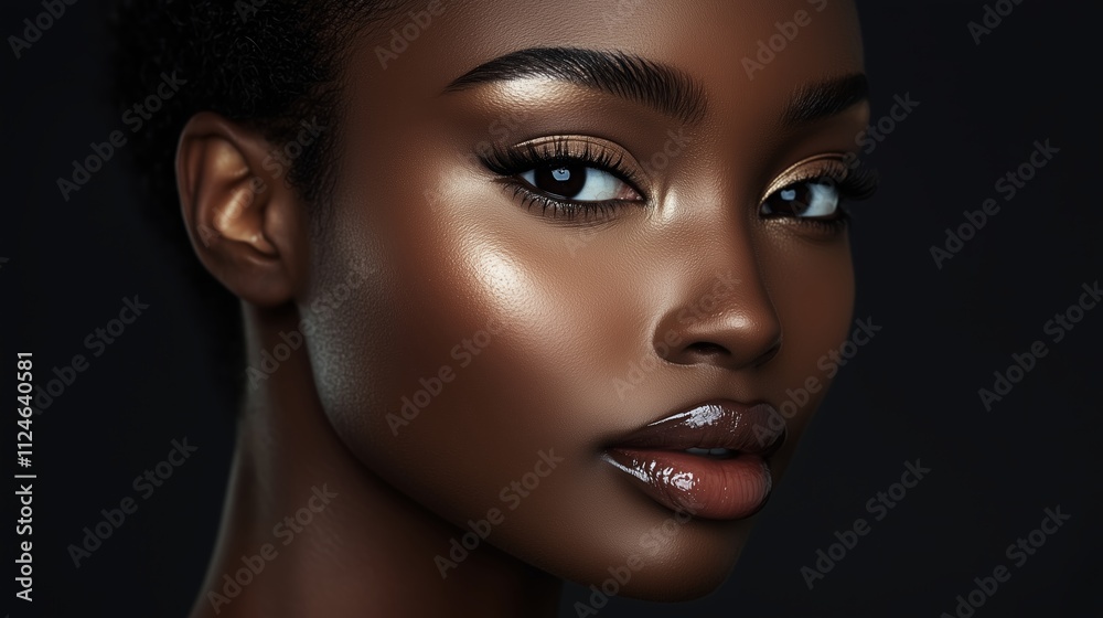 Portrait of a confident young woman with glowing skin in a dark background highlighting her features and beauty Portrait of a confident young woman with glowing skin in a dark background highlighting her features and beauty