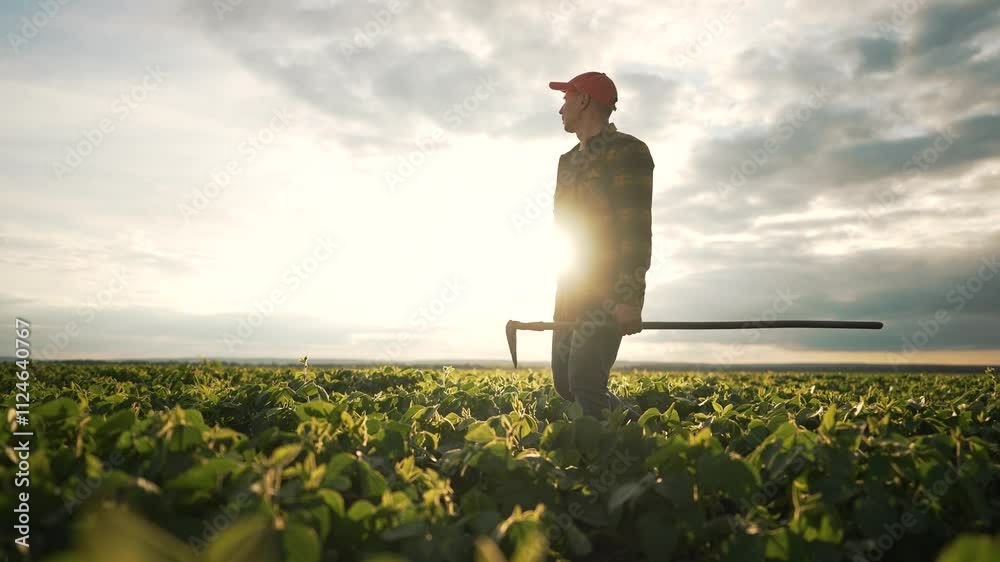Farmer walking in soybean field at sunrise. Organic agriculture farmer work on sustainable soybean harvest. Concept of organic farming farmer cultivating soybean crops. Agriculture and organic farming