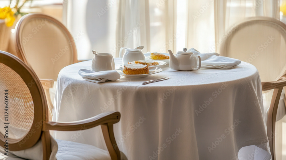 Round table with linen tablecloth, chairs around it, on top a simple and small breakfast Round table with linen tablecloth, chairs around it, on top a simple and small breakfast
