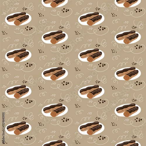 Vector seamless hand drawn flat eclair cake, french dessert on a plate pattern, symbol of France, traditional cuisine.

