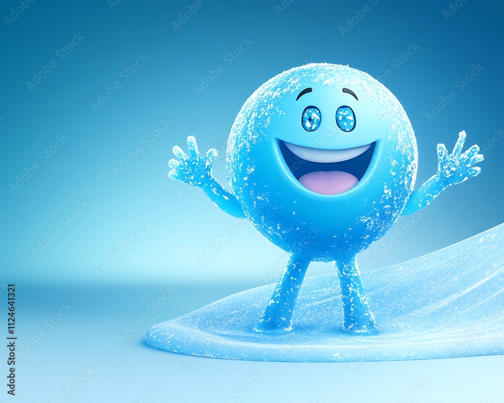 A playful emoji man in icy blue shades with sparkling frost-like patterns on a cool gradient ,