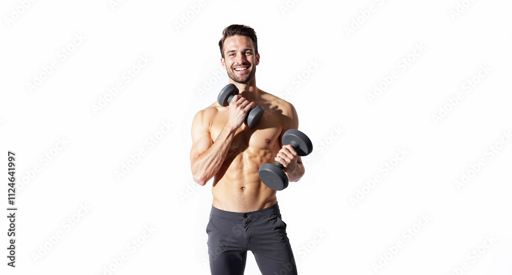 Athletic muscular man holding dumbbells in his hands on a white background Athletic muscular man holding dumbbells in his hands on a white background