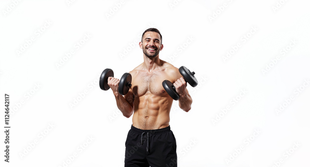 Athletic muscular man holding dumbbells in his hands on a white background Athletic muscular man holding dumbbells in his hands on a white background