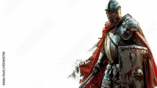 Knight in battle armor medieval setting digital artwork heroic pose dramatic lighting valor and honor concept