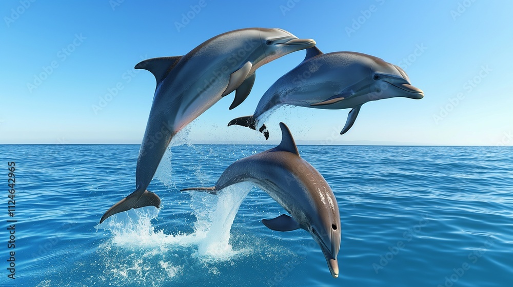 A pair of dolphins leaping gracefully out of the ocean, with a clear blue sky above them. A pair of dolphins leaping gracefully out of the ocean, with a clear blue sky above them.
