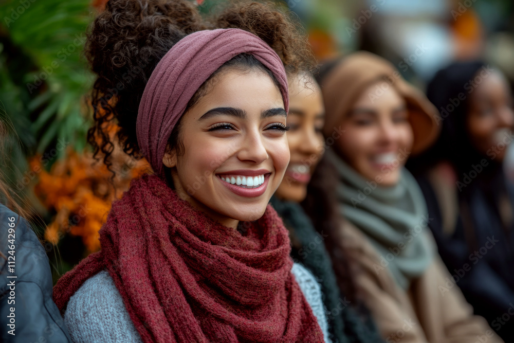 A smiling woman in a maroon scarf sits with a group outdoors. Concept of joy and friendship. For lifestyle advertisement A smiling woman in a maroon scarf sits with a group outdoors. Concept of joy and friendship. For lifestyle advertisement