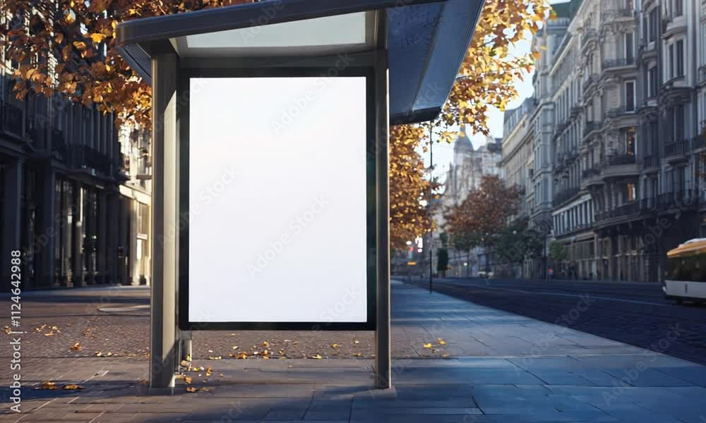 A bus stop shelter in an autumn setting with empty advertisement space and a quiet street.
