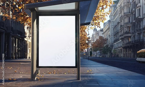 A bus stop shelter in an autumn setting with empty advertisement space and a quiet street.
