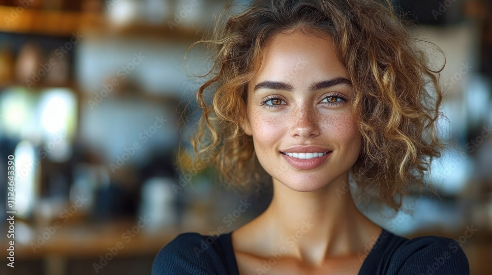 confident businesswoman with curly hair smiling in modern café inspiring trust and respect confident businesswoman with curly hair smiling in modern café inspiring trust and respect
