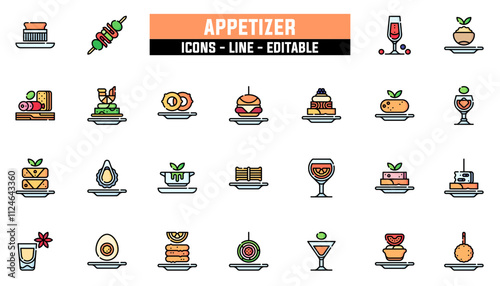 Set of 25 line icons appetizer. Editable stroke. Vector illustration
