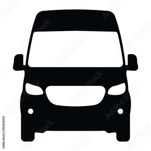 Van front view vector icon. Commercial vehicle, cargo transport, delivery truck. Black silhouette isolated on white background.