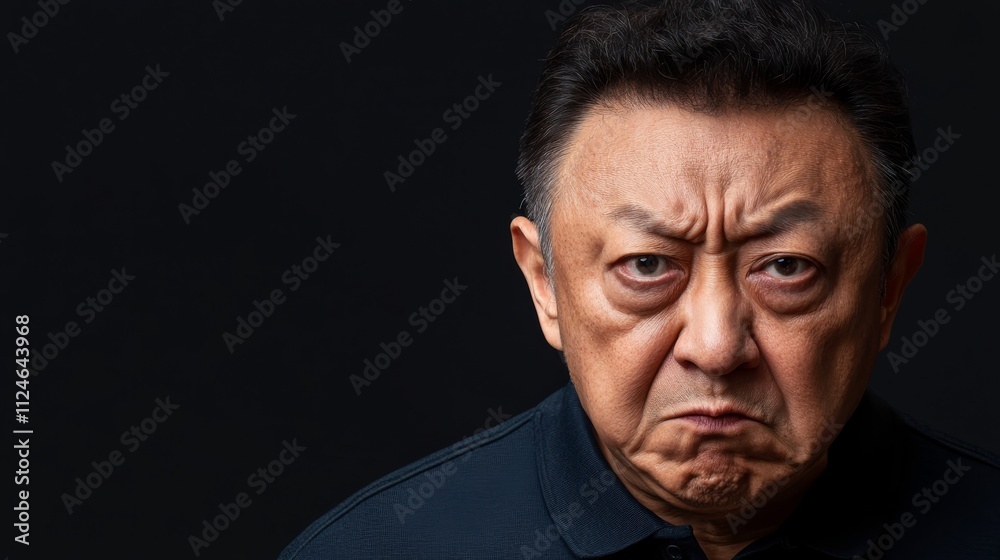 Facial expressions convey anger and intensity as an Asian man shouts. Dramatic cinematic lighting enhances the hyper-realistic skin texture while providing copy space Facial expressions convey anger and intensity as an Asian man shouts. Dramatic cinematic lighting enhances the hyper-realistic skin texture while providing copy space