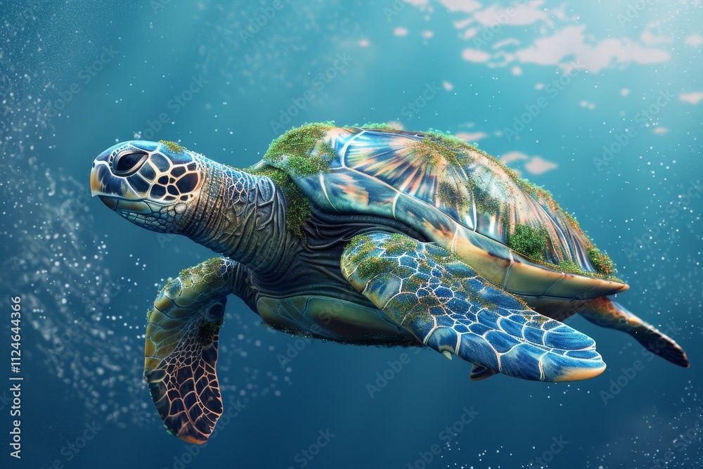 Fototapeta premium A colorful sea turtle glides through clear blue water, adorned with vibrant coral around it, reflecting sunlight from above, creating a serene underwater atmosphere.