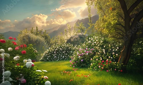 Blooming garden with peaceful mountains