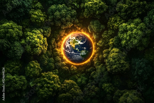 Earth's Embrace: A vibrant green forest canopy surrounds our planet, radiating a warm, golden light.  This captivating image symbolizes the interconnectedness of nature and humanity.
