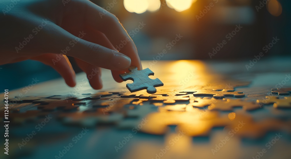 A businessman's hands are assembling a puzzle piece on a wooden table, symbolizing solitude and connection in the work environment. It highlights the decision-making process and logical thinking. A businessman's hands are assembling a puzzle piece on a wooden table, symbolizing solitude and connection in the work environment. It highlights the decision-making process and logical thinking.