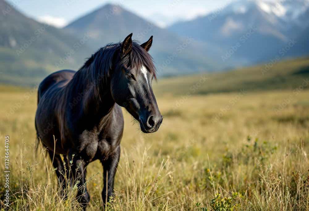 A black horse standing in a grassy field with mountains in the background A black horse standing in a grassy field with mountains in the background