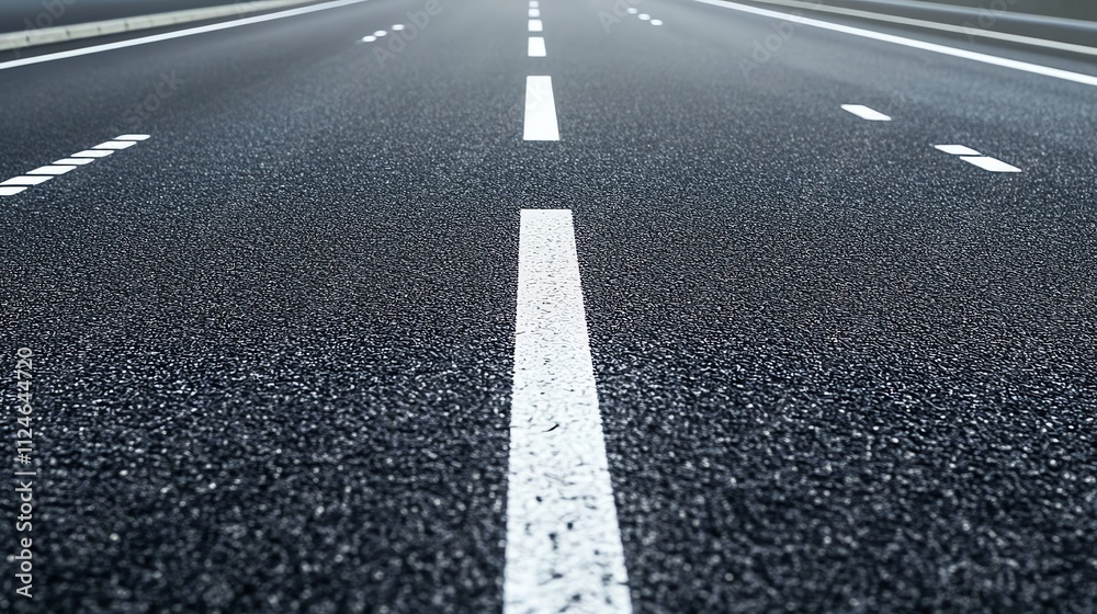 A close-up shot of a highway with white lines in the asphalt. A close-up shot of a highway with white lines in the asphalt.