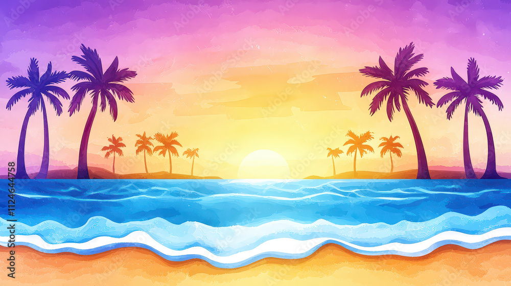 serene watercolor of quiet beach at sunset, featuring palm trees silhouetted against vibrant sky. waves gently lap at shore, creating peaceful atmosphere serene watercolor of quiet beach at sunset, featuring palm trees silhouetted against vibrant sky. waves gently lap at shore, creating peaceful atmosphere