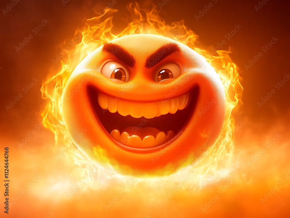 Fototapeta premium A playful emoji man in orange tones with a wide smile on a warm, glowing canvas ,