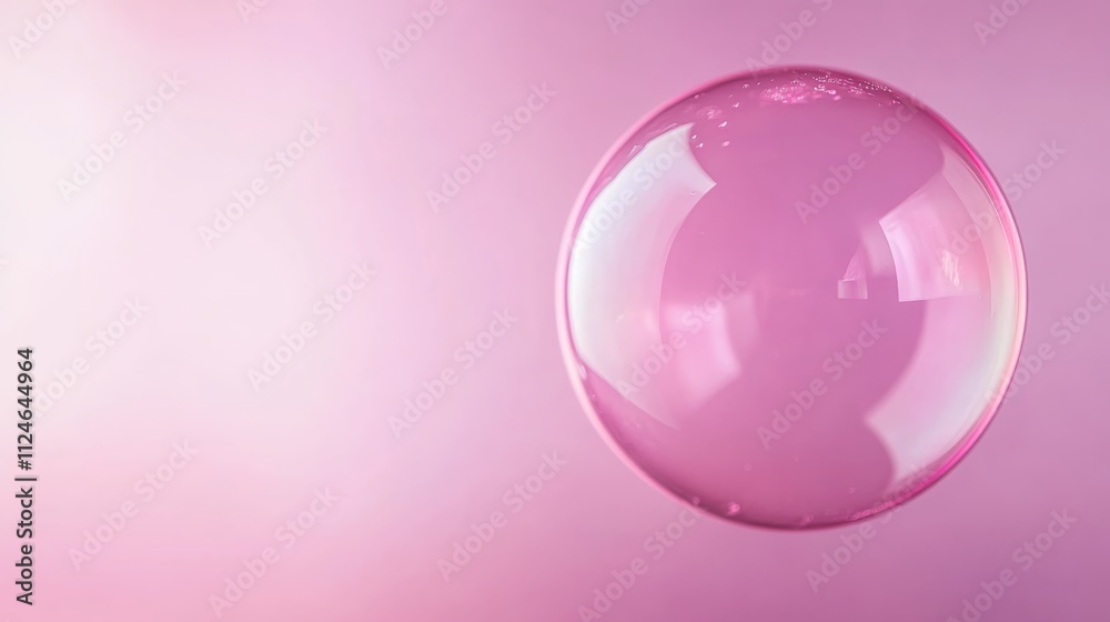 A glossy pink bubble floats gently in a gradient lavender backdrop, its surface reflecting subtle light and evoking a whimsical, dreamlike feeling