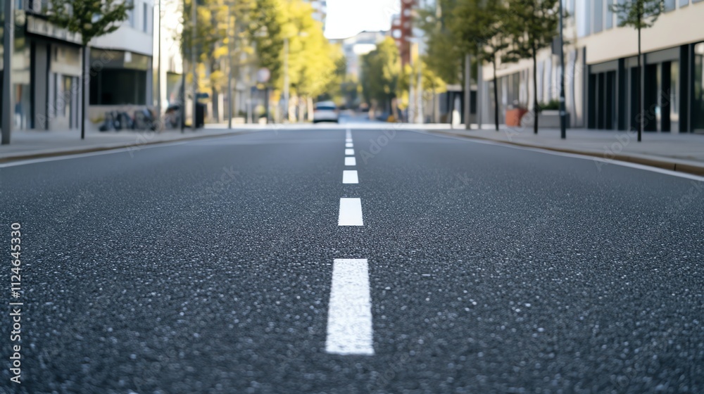Fototapeta premium A long, straight road in a residential neighborhood with fallen leaves on the sides.