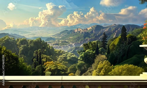 Paradise nature scene with mountains and flower field