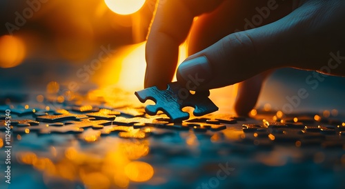 A businessman's hands are assembling a puzzle piece on a wooden table, symbolizing solitude and connection in the work environment. It highlights the decision-making process and logical thinking.