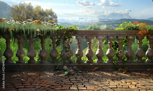 Lush green paradise full of colorful blooming flowers view from old balcony