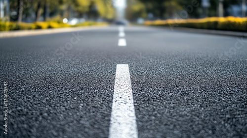 A close-up of an asphalt road with a white dividing line and a blurry, out-of-focus background of trees and buildings.