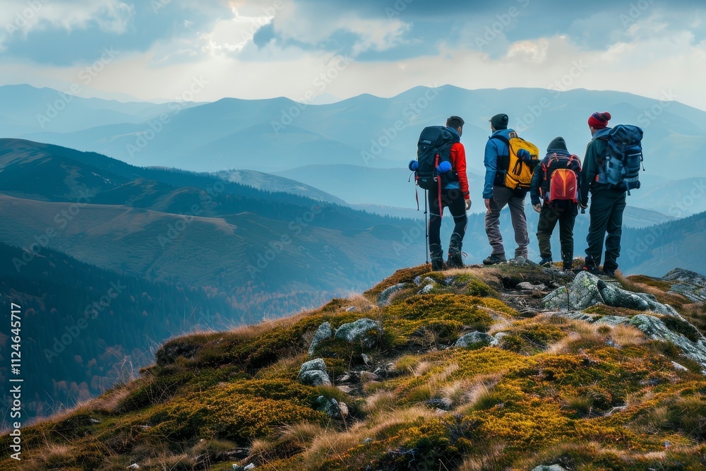 Obraz premium Four hikers stand at a viewpoint, overlooking breathtaking mountains and valleys, experiencing the beauty of nature during their outdoor adventure.