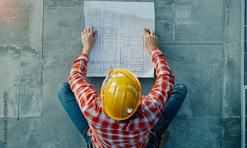 A construction worker examines blueprints on a rooftop with solar panels.