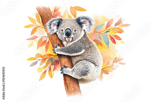 shy koala clings to tree surrounded by colorful autumn leaves, showcasing its adorable features and gentle demeanor. This watercolor captures essence of nature beauty photo