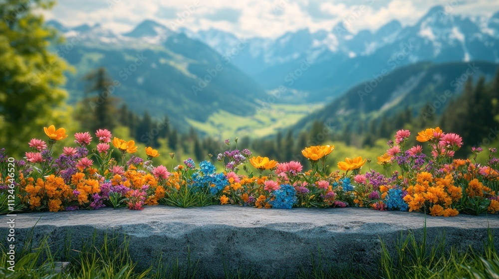 Obraz premium Vibrant wildflowers bloom in foreground of majestic mountain range.