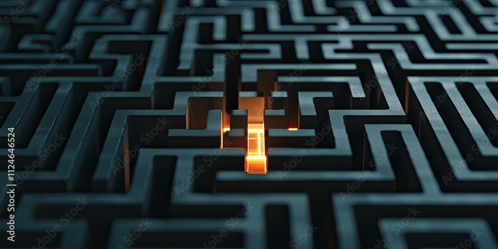 A glowing cross stands at the center of a dark, intricate maze, symbolizing guidance and hope. A glowing cross stands at the center of a dark, intricate maze, symbolizing guidance and hope.
