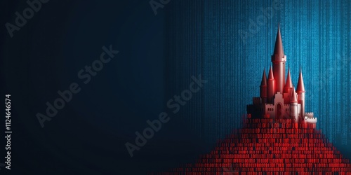 Cybersecurity ransomware concept. A digital castle emerging from a sea of binary code and abstract red figures.