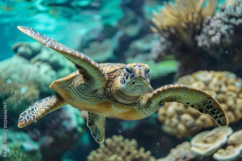Fototapeta premium A green sea turtle glides effortlessly through a breathtaking underwater landscape filled with colorful coral.