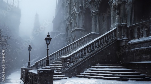 Snow-covered gothic cathedral steps with ornate stone railings and vintage lampposts in misty winter atmosphere. Mysterious medieval architecture creates fairy tale ambiance photo