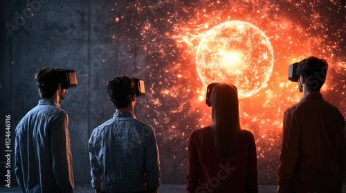 Cybersecurity ransomware concept. Four individuals wearing VR headsets observe a glowing celestial display in a dimly lit environment.