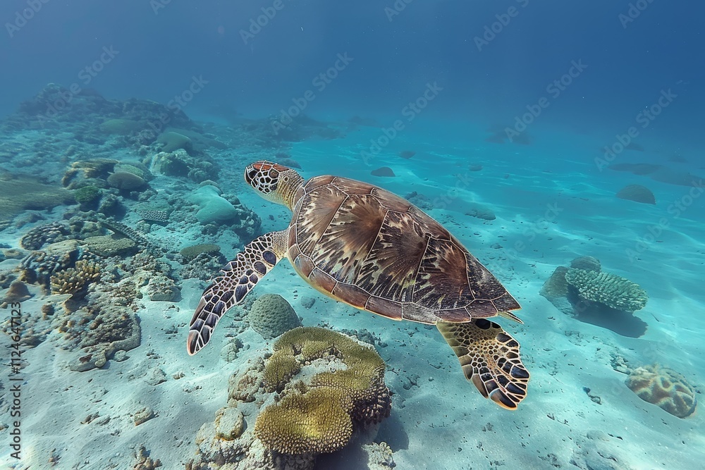 Fototapeta premium A turtle swims elegantly over colorful coral formations in a tropical ocean environment, showcasing the beauty of marine life under the sunlight.