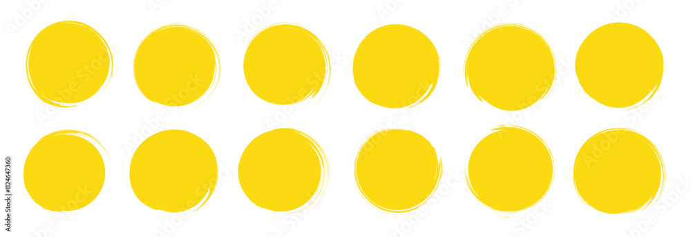 Yellow brush suns. Vector yellow round shaped frames. Watercolor texture frames. Orange color splashes. Distressed summer background. Sun splash illustration. Rough orange brush stroke bg collection